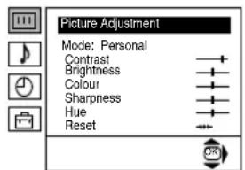 Picture Adjustment Mode: Personal Contrast Brightness Colour Sharpness Hue Reset