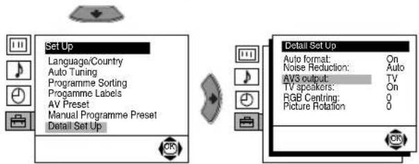 Set Up Language/Country Auto Tuning Programme Sorting Programme Labels AV Preset Manual Programme Preset Detail Set Up Detail Set Up Auto format: On Noise Reduction: Auto AV3 output: TV TV speakers: On RGB Centring: 0 Picture Rotation: 0