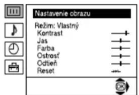 Nastavenie obrazu Režim: Vlastný Kontrast Jas Farba Ostrošť Odtieň Reset