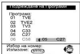 Подреждане на Програми Програма: 01 TVE 02 TVE2 03 TV3 04 C33 05 C27 06 C58 05 C27 Избор на номер: Изнизане: MENU