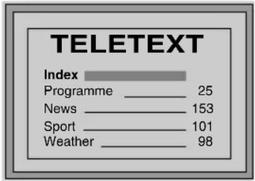 TELETEXT Index Programme 25 News 153 Sport 101 Weather 98