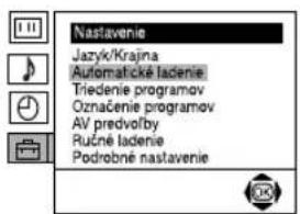 Nastavenie Jazyk/Krajna Automatické ladenie Triedenie programov Označenie programov AV predvo/by Ručné ladenie Podrobné nastavenie