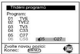 Třídění programů Program: 01 TVE 02 TVE2 03 TV3 04 C33 05 C27 06 C58 05 C27 Zvolte novou pozíci: Konec: MEND OK
