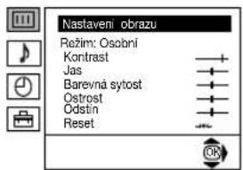 Nastaveni obrazu Režim: Osobni Kontrast Jas Barevná sytost Orostost Odstin Reset