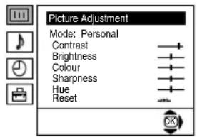 Picture Adjustment Mode: Personal Contrast Brightness Colour Sharpness Hue Reset