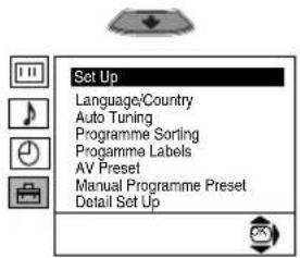Set Up Language/Country Auto Tuning Programme Sorting Programme Labels AV Preset Manual Programme Preset Detail Set Up