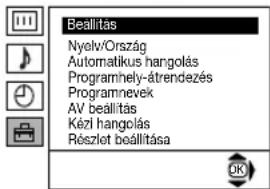 Beallitas Nyelv/Ország Automatikus hangolás Programmely-àtrendezés Programnevek AV beállítás Kézi hangolás Részlet beállítása