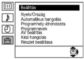 Beállítás Nyely/Ország Automatikus hangolás Programhely-àtrendezés Programnevek AV beállítás Kézi hangolás Részlet beállítása