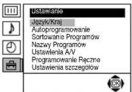 Ustawanie Język/Kraj Autoprogramowanie Sortowanie Programów Nazwy Programów Ustawienia A/V Programowanie Ręczne Ustawienia szczegółów