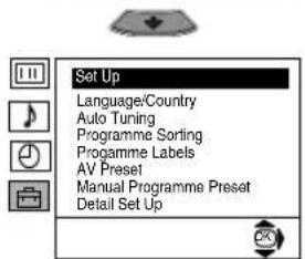 Set Up Language/Country Auto Tuning Programme Sorting Programme Labels AV Preset Manual Programme Preset Detail Set Up