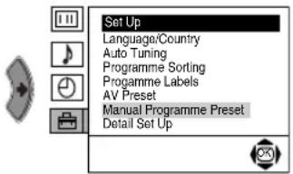 Set Up Language/Country Auto Tuning Programme Sorting Programme Labels AV Preset Manual Programme Preset Detail Set Up