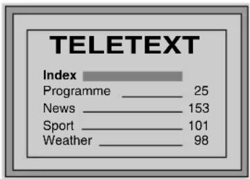 TELETEXT Index Programme 25 News 153 Sport 101 Weather 98