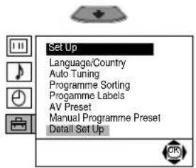 Set Up Language/Country Auto Tuning Programme Sorting Programme Labels AV Preset Manual Programme Preset Detail Set Up