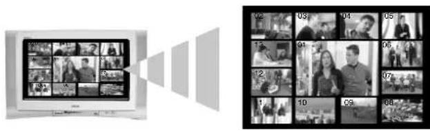 Image showing a video player on screen and a grid of black-and-white photos with numbered labels, likely illustrating a media or video sharing system.