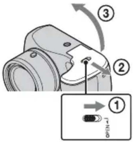 Diagram showing a camera component with numbered steps and an open button labeled 'OPEN-J'