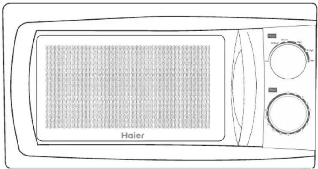 Line drawing of a Haier microwave oven with control knobs and a blank screen (no text or symbols on the device itself)