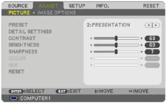 NEC NP500WS - ⑤ Menu Descriptions &amp; Functions [ADJUST] - 1