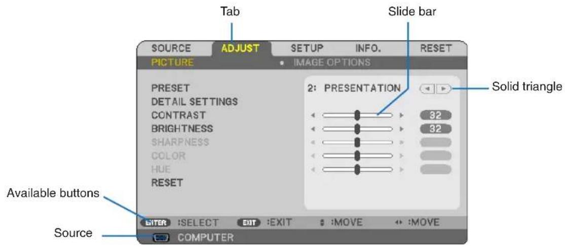 NEC NP215 - ② Menu Elements - 1