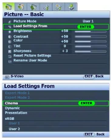 BENQ SH960 - Setting the User 1/User 2 mode - 1