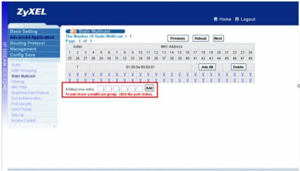 ZYXEL IES-1248-51A ADSL 2+ - How to configure Static Multicast filter - 2