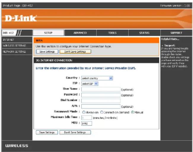 D-LINK DIR-412 - Manual Configuration (3G Mode) 3G Internet Connection - 1