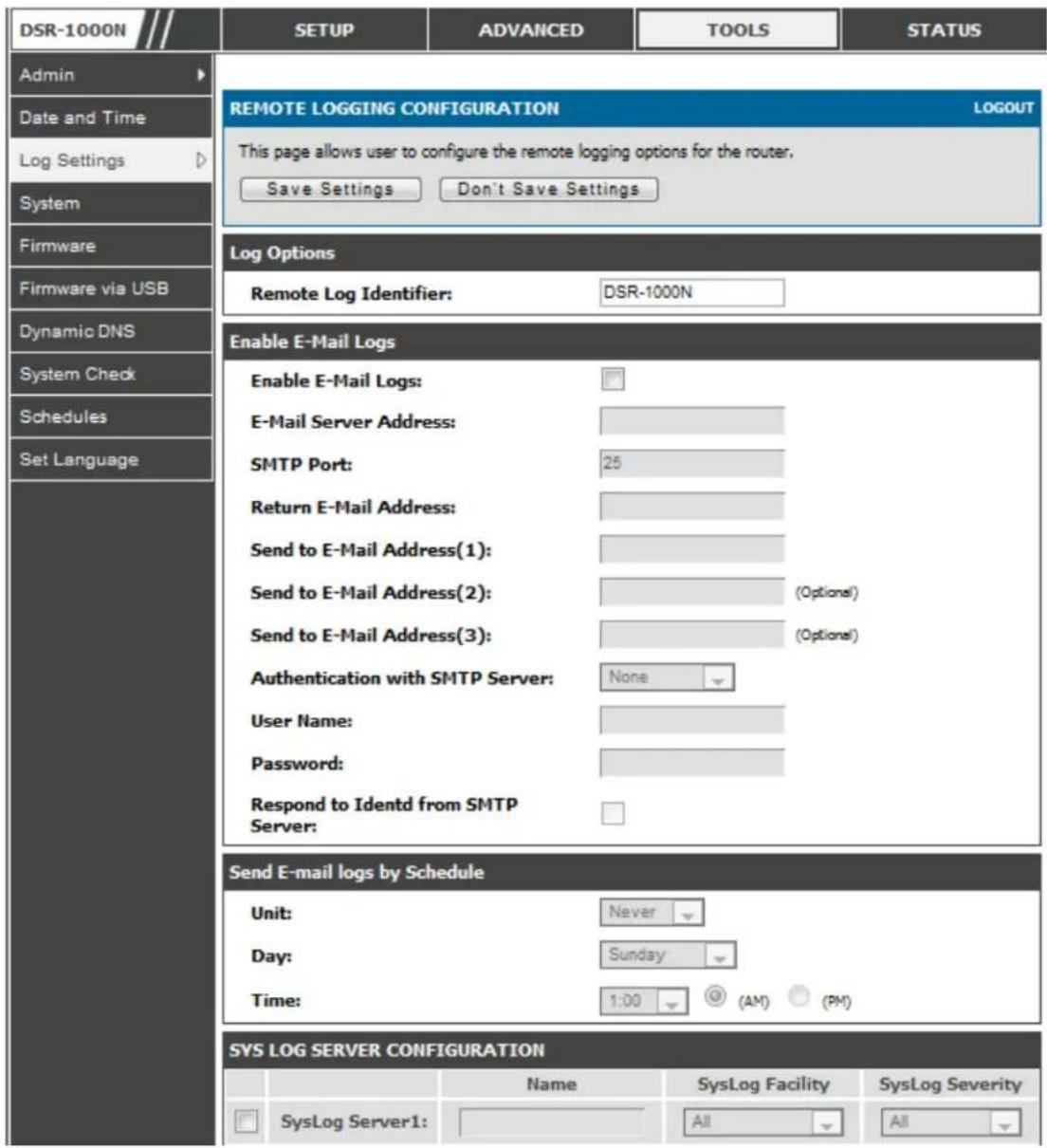 D-LINK DSR-150N - Tools > Log Settings > Remote Logging - 1