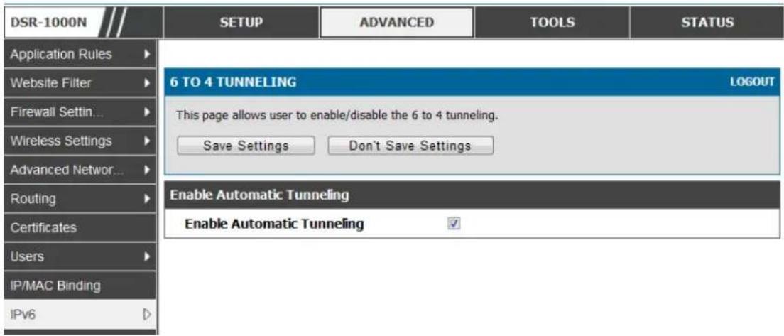 D-LINK DSR-150N - Advanced > IPv6 > 6to4 Tunneling - 1