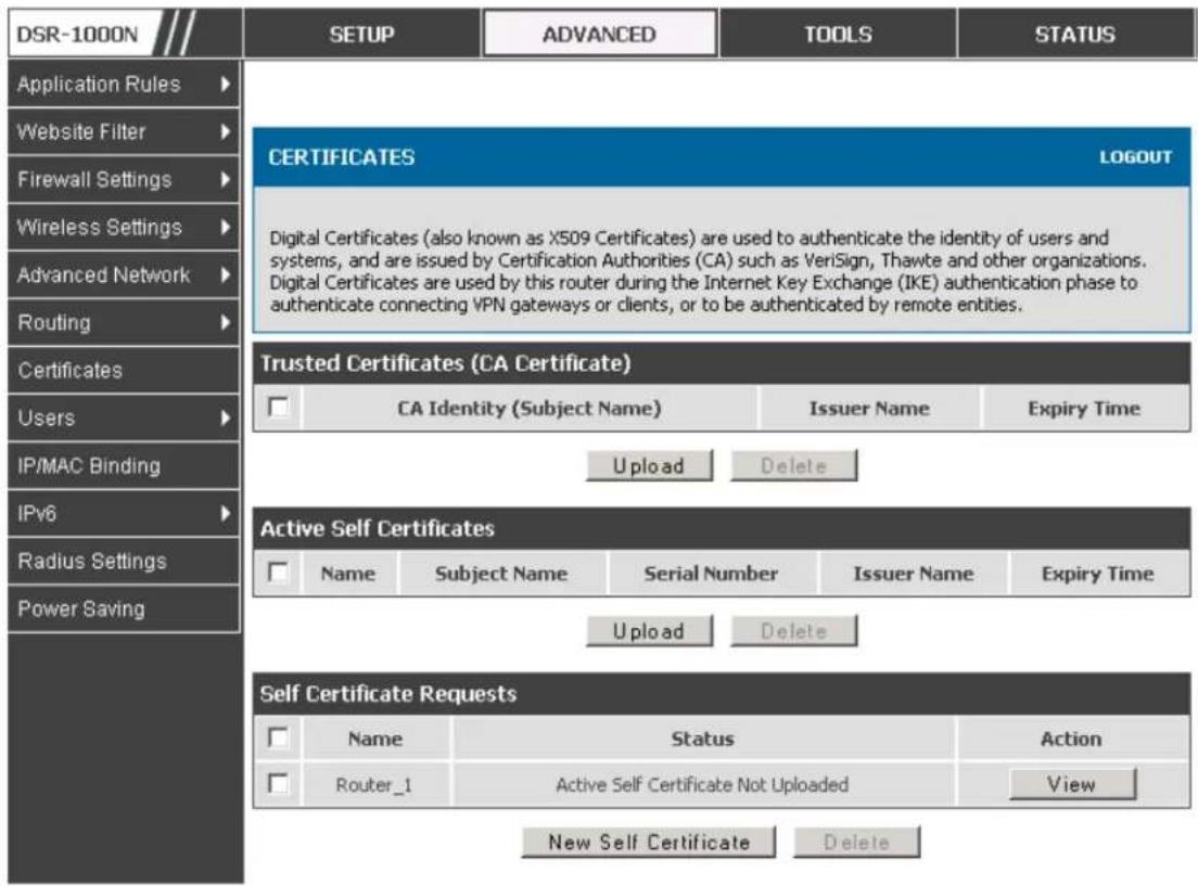 D-LINK DSR-150N - Advanced > Certificates - 1