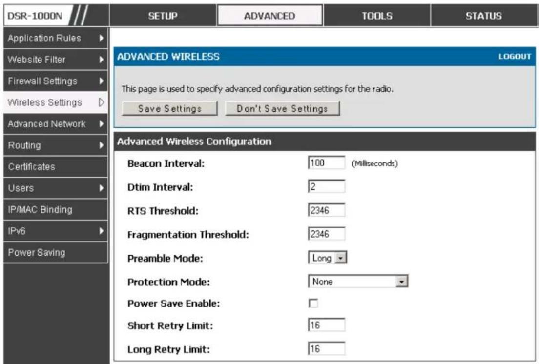 D-LINK DSR-150N - Advanced > Wireless Settings > Advanced Wireless - 1