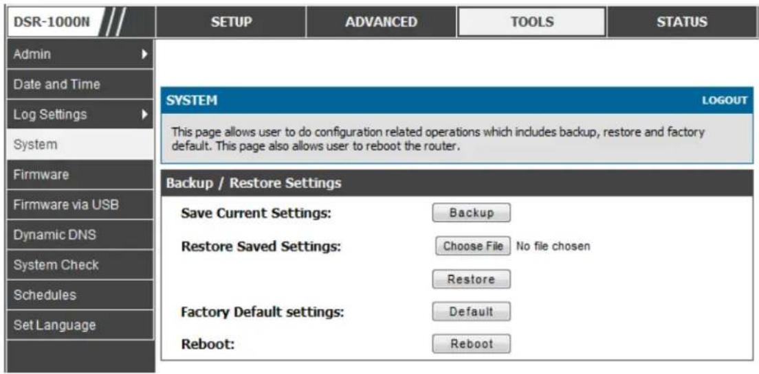 D-LINK DSR-150N - Tools > System - 1