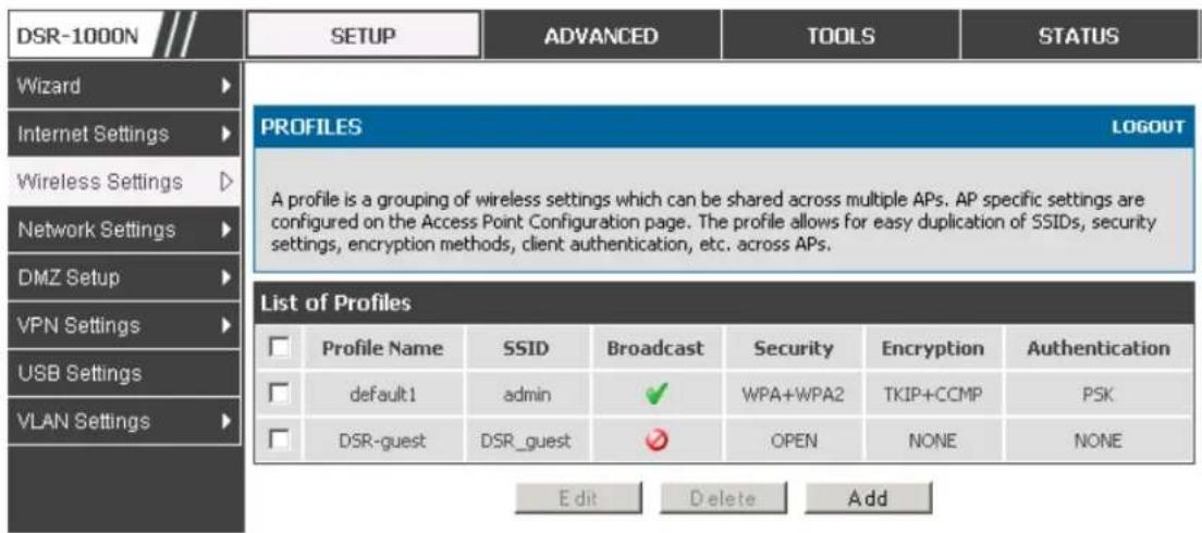 D-LINK DSR-150N - Setup > Wireless Settings > Profiles - 2