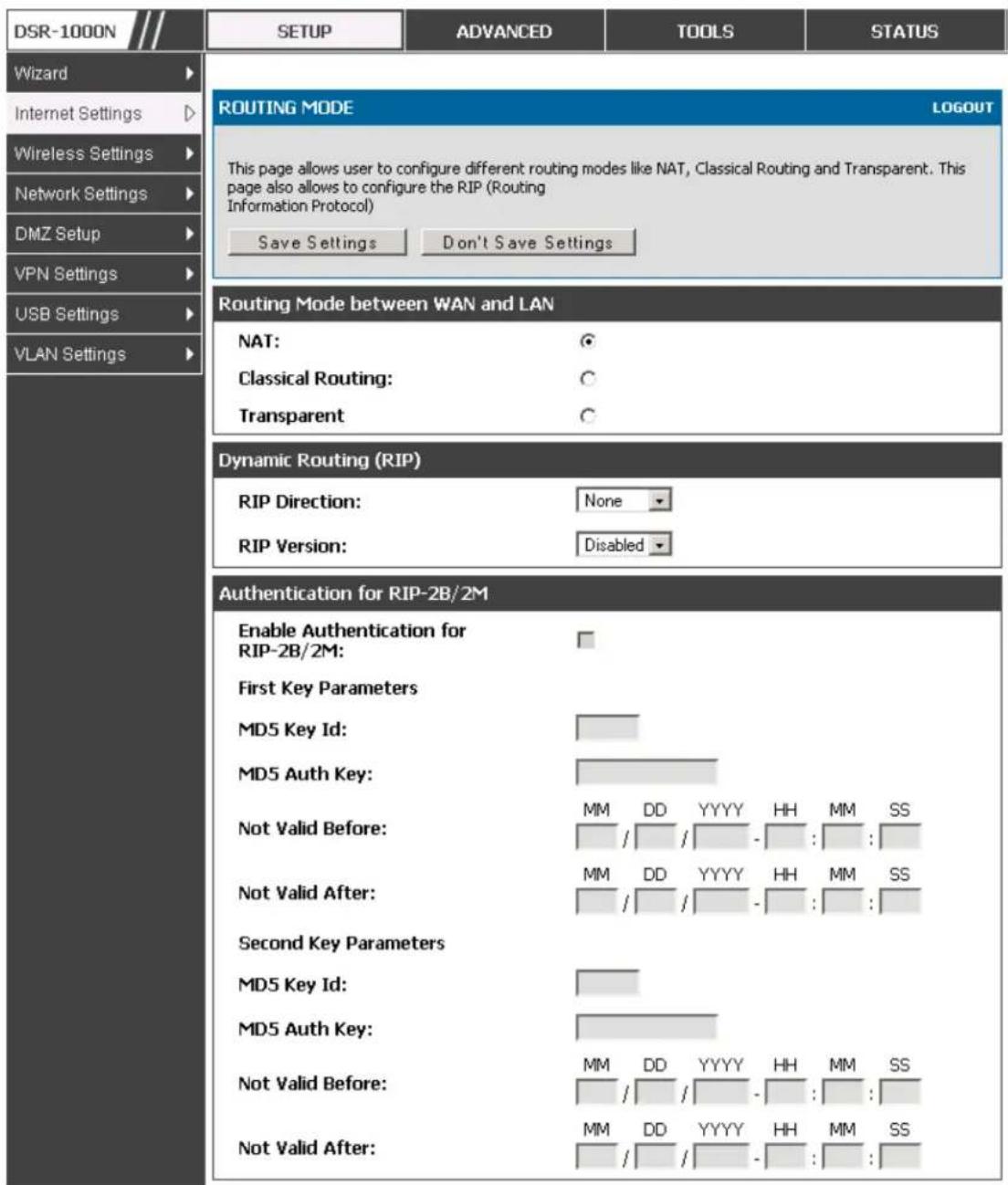 D-LINK DSR-150N - Setup > Internet Settings > Routing Mode - 2