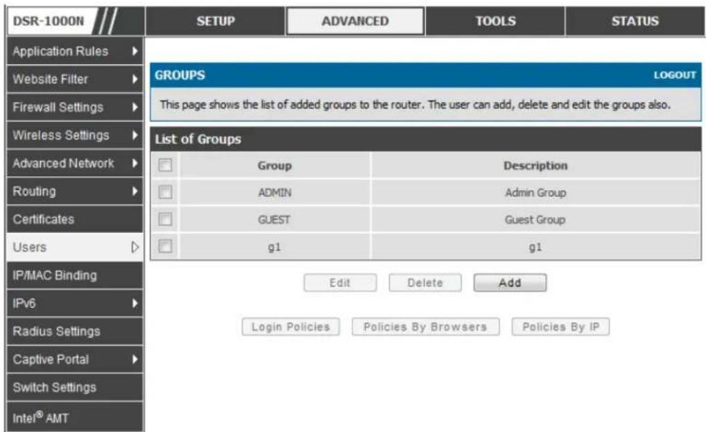 D-LINK DSR-150N - Advanced > Users > Groups - 1