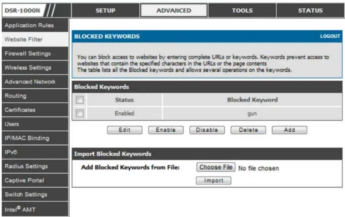 D-LINK DSR-150N - Advanced > Website Filter > Blocked Keywords - 1