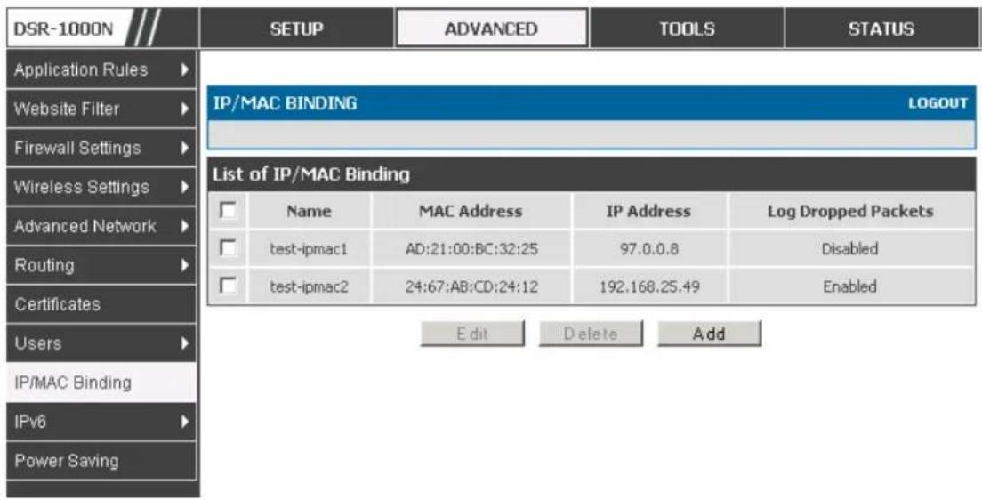 D-LINK DSR-150N - Advanced > IP/MAC Binding - 1