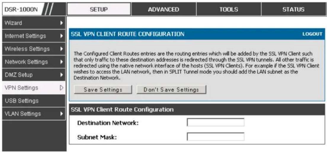 D-LINK DSR-150N - Setup > VPN Settings > SSL VPN Client > Configured Client Routes - 1