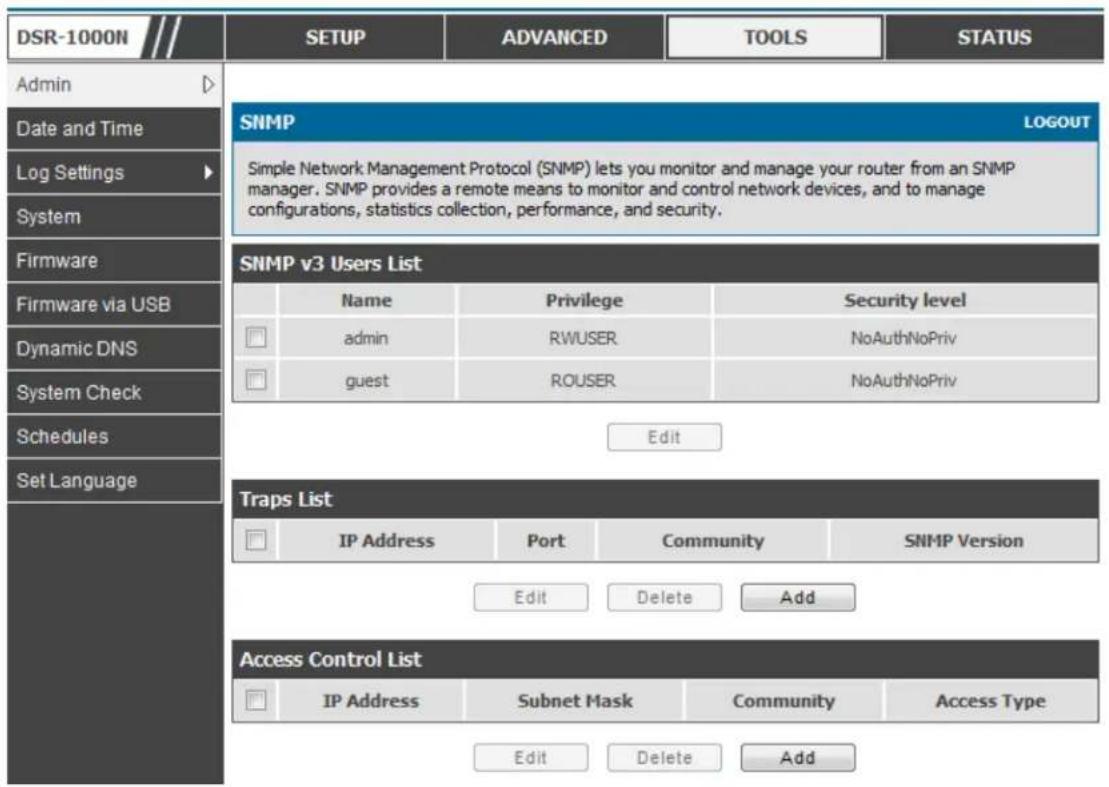 D-LINK DSR-150N - Tools > Admin > SNMP - 1