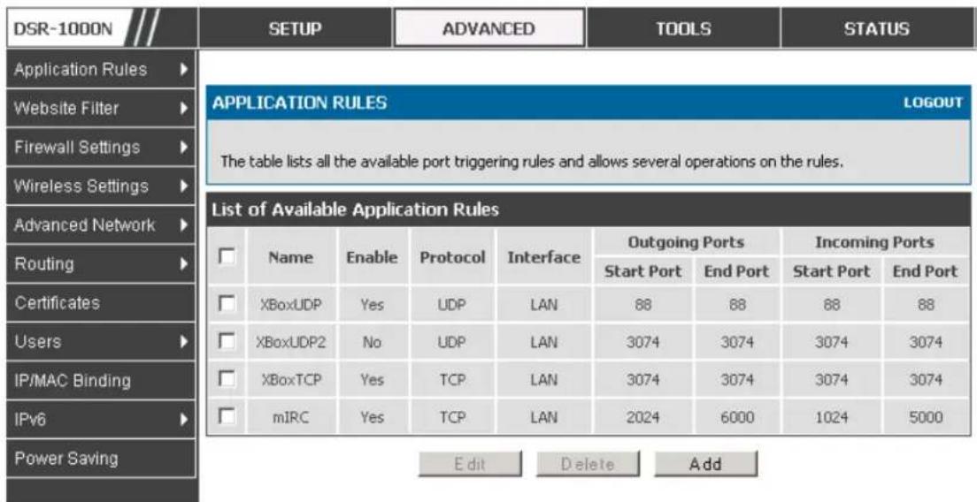 D-LINK DSR-150N - Advanced > Application Rules > Application Rules - 1