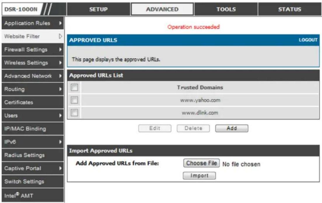 D-LINK DSR-150N - Advanced > Website Filter > Approved URLs - 1
