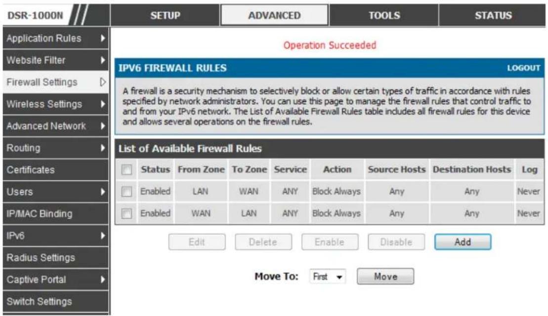 D-LINK DSR-150N - Configuring IPv6 Firewall Rules - 2