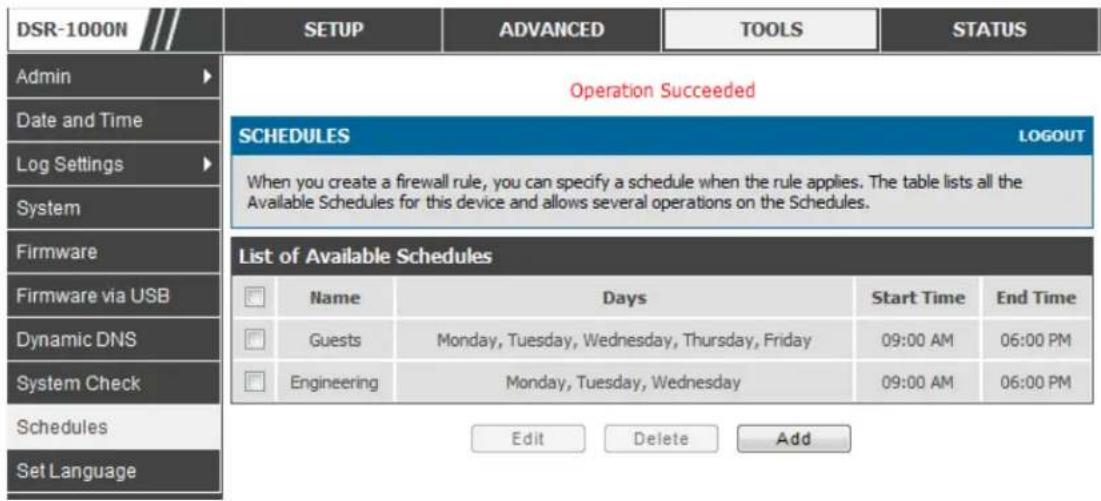 D-LINK DSR-150N - Tools > Schedules - 1