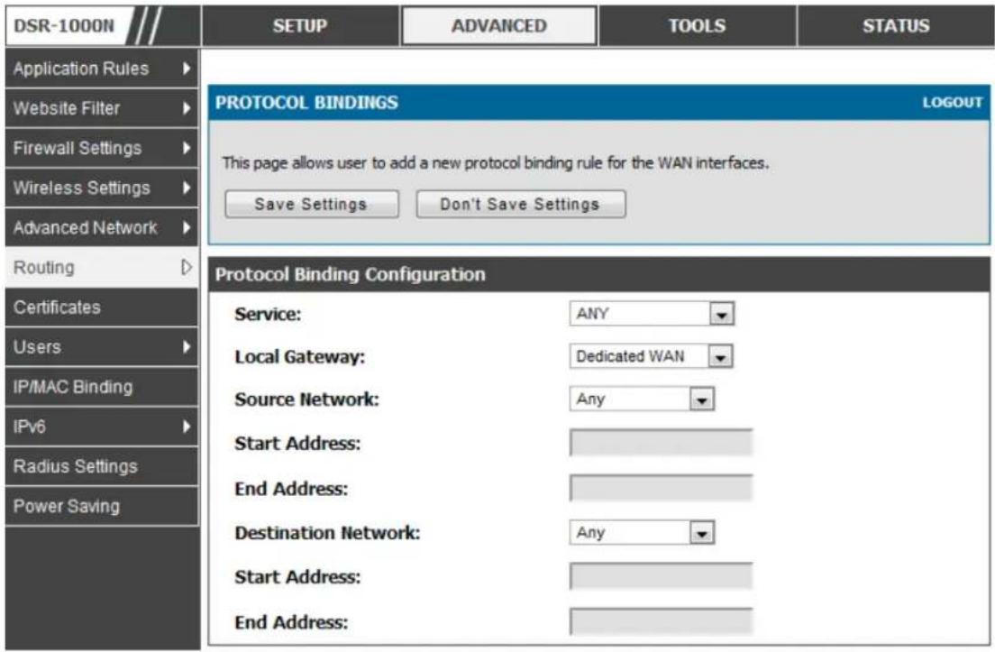 D-LINK DSR-150N - Advanced > Routing > Protocol Bindings - 1