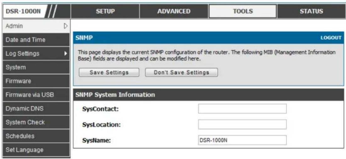 D-LINK DSR-150N - Tools > Admin > SNMP System Info - 1