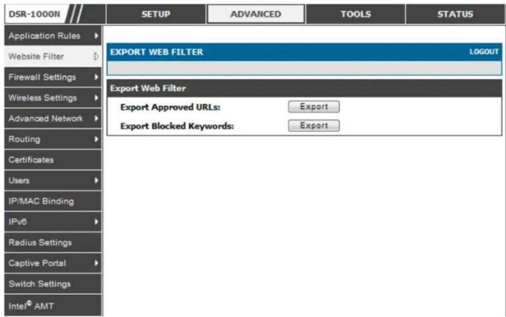 D-LINK DSR-150N - Advanced > Website Filter > Export - 1