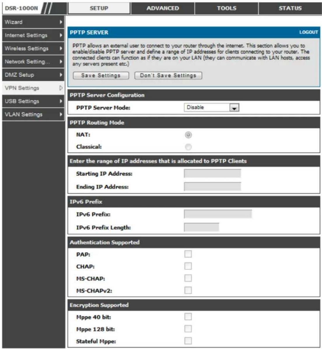 D-LINK DSR-150N - Setup > VPN Settings > PPTP > PPTP Server - 1