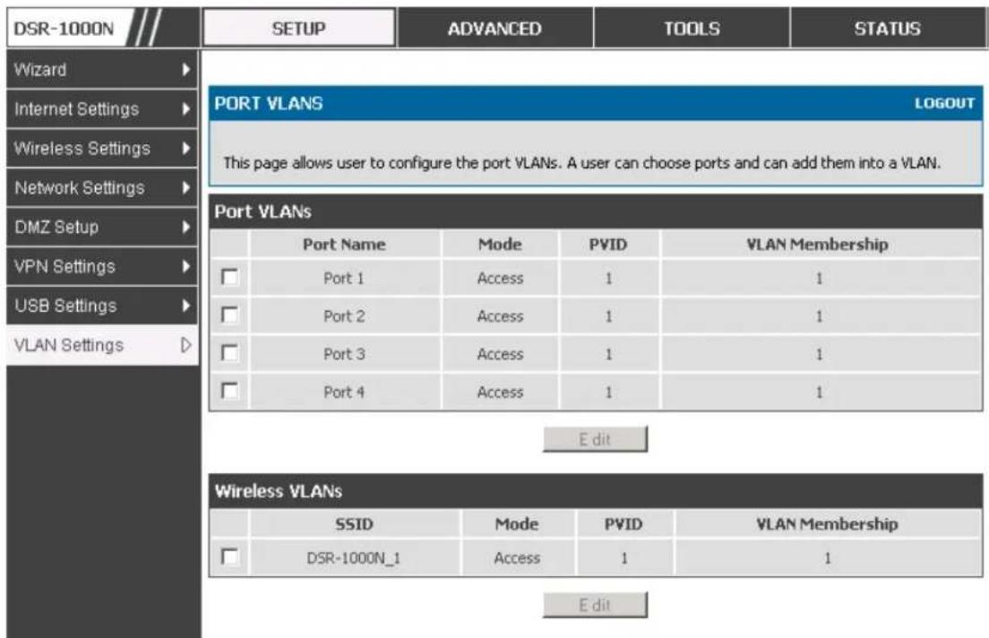 D-LINK DSR-150N - Setup > VLAN Settings > Port VLAN - 1