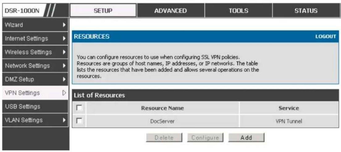 D-LINK DSR-150N - Setup > VPN Settings > SSL VPN Server > Resources - 1