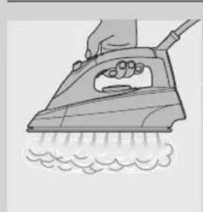 Illustration of a hand using an iron on a steam machine (no text or symbols).