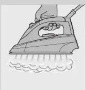 Line drawing of a hand using an iron on a steam machine.