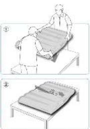 Medical illustration showing two steps of a patient's bed procedure: first with a person handling a blanket, second with a close-up of the bed.